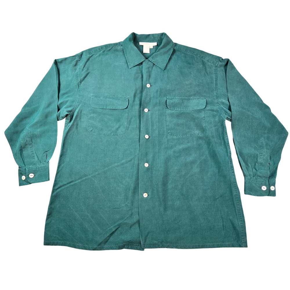 Preston & York Womens Forest Green 100% Silk Button Down Shirt Long Sleeve Large